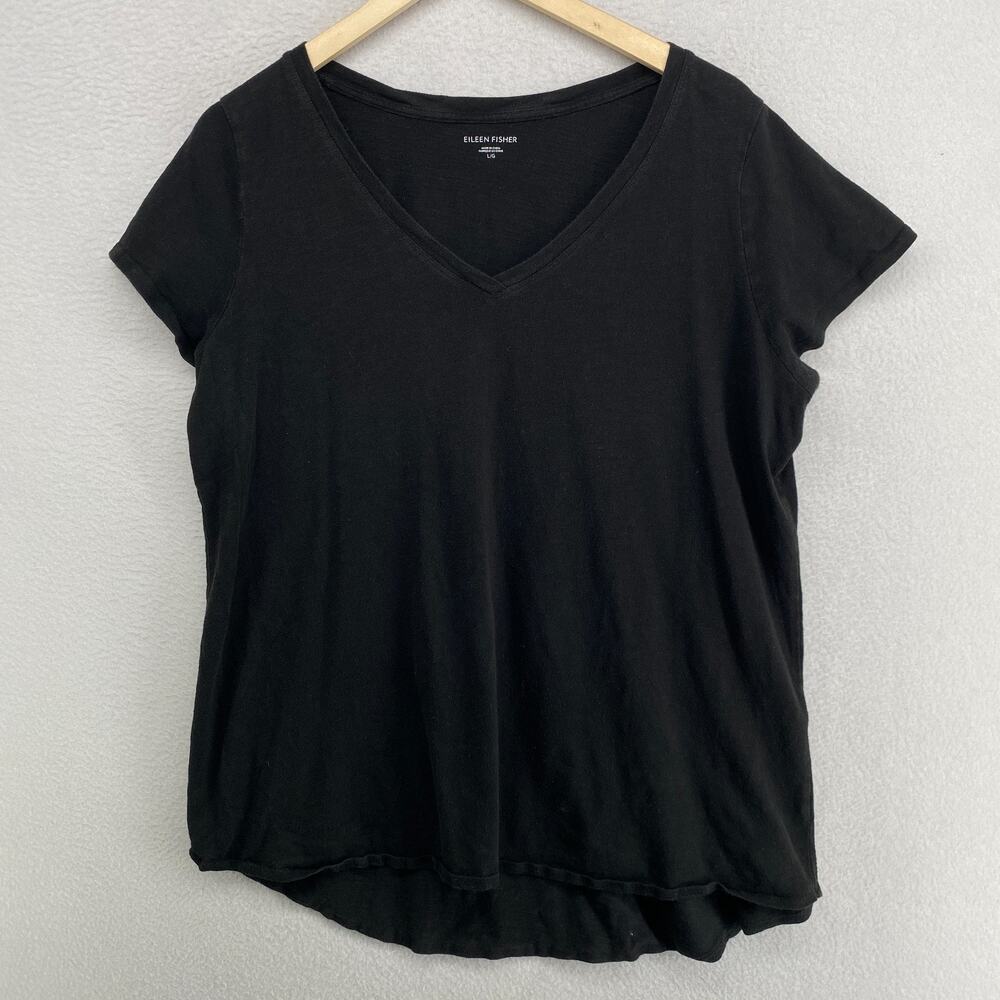EILEEN FISHER Top L Slub Organic Cotton Jersey V-Neck Short Sleeve Black